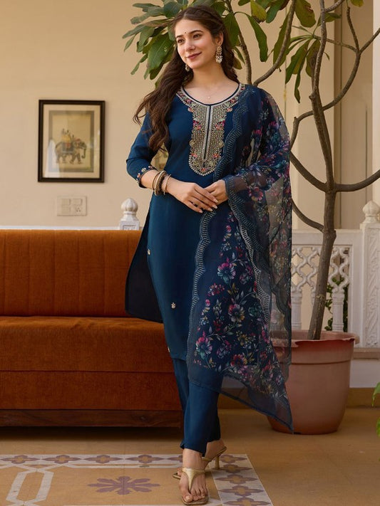 Yara Creation Ethnic Motifs Embroidered Sequinned Straight Kurta With Trousers & Dupatta
