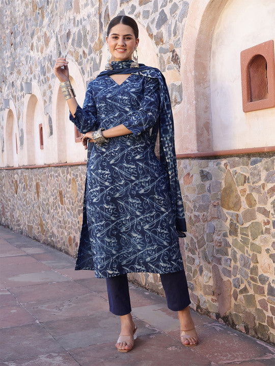 Taavi Abstract Printed Dabu Straight Kurta with Trouser & Dupatta