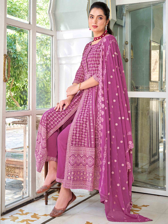 House of Pataudi Embroidered Kurta with Trousers & Embroidered Dupatta
