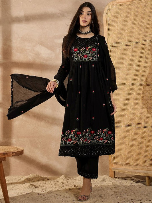 CHETI Floral Embroidered Thread Work Organic Cotton Straight Kurta With Trousers & Dupatta