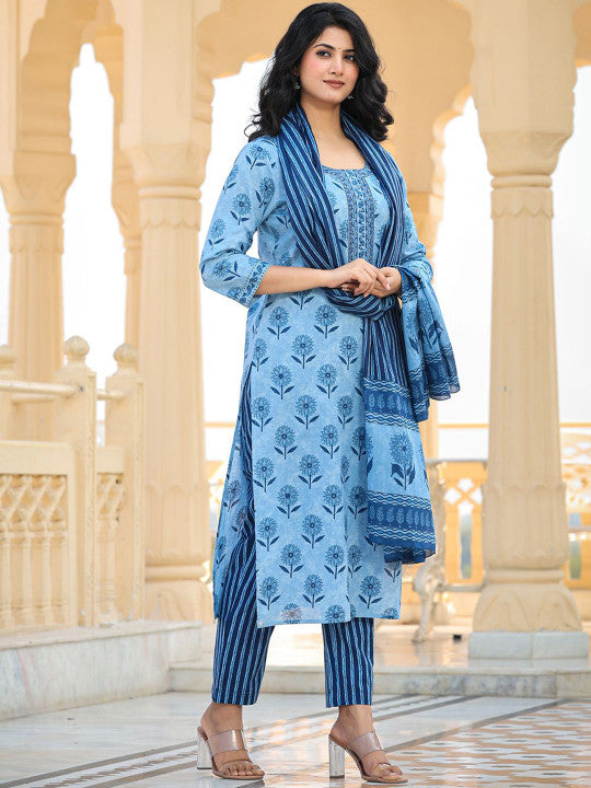 AARDRAA Floral Printed Sequinned Pure Cotton Straight Kurta With Trousers & Dupatta