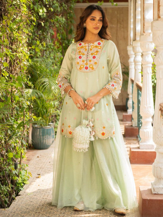 AJIESH OBEROI Floral Embroidered Thread Work Kurta With Palazzos & Dupatta