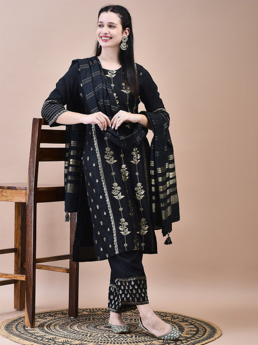 Floral Woven Design Round Neck Straight Kurta With Trouser With Dupatta