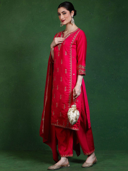 Jaipur Kurti Women Floral Embroidered Kurta with Trousers & Dupatta