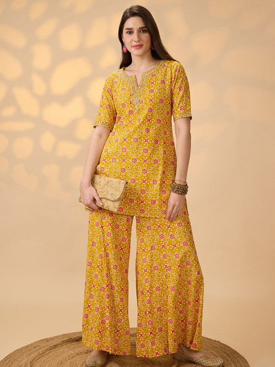 Globus Embroidered Round Neck Kurti & Palazzos Co-OrdsSet