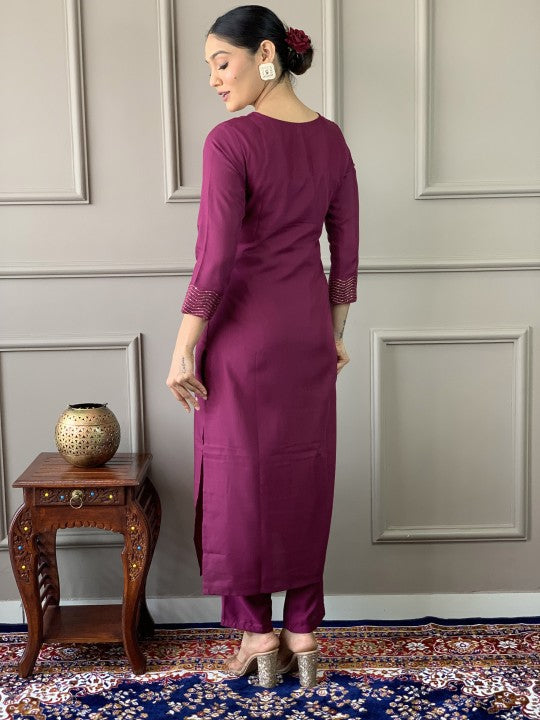 Fabdeal Floral Embroidered Zari Notch Neck Straight Kurta With Trouser And Dupatta