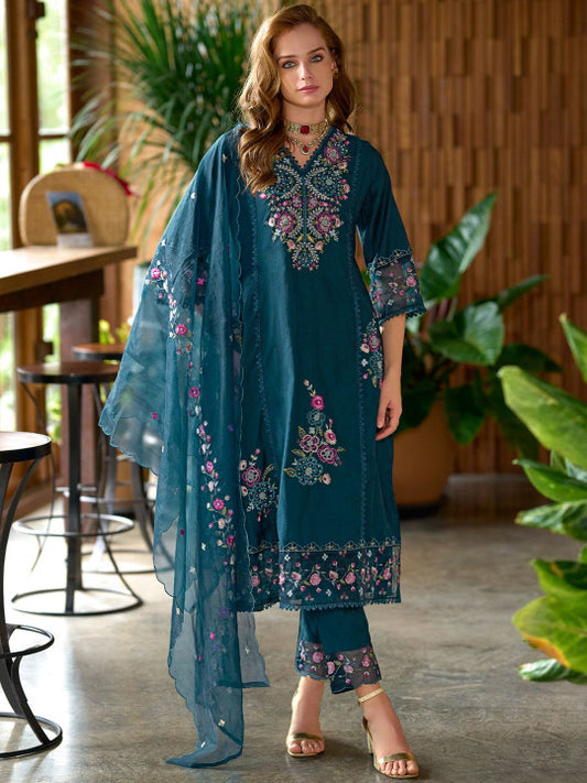 Indo Era Women Floral Embroidered Panelled Sequinned Kurta with Trousers & Dupatta