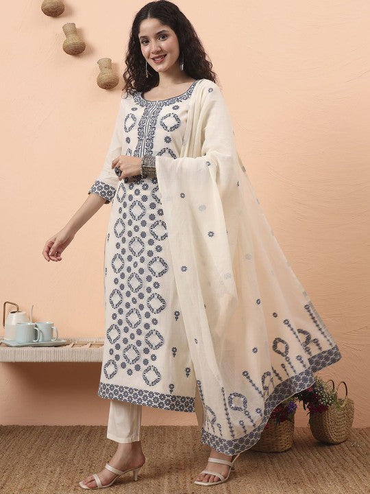 Yufta Floral Embroidered Pure Cotton Round Neck Straight Kurta With Trousers And Dupatta
