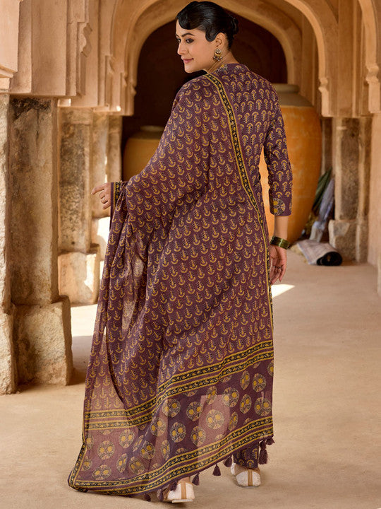 WOMEN PLUS Women Ethnic Motifs Embroidered Cotton Kurta with Pyjama & Dupatta