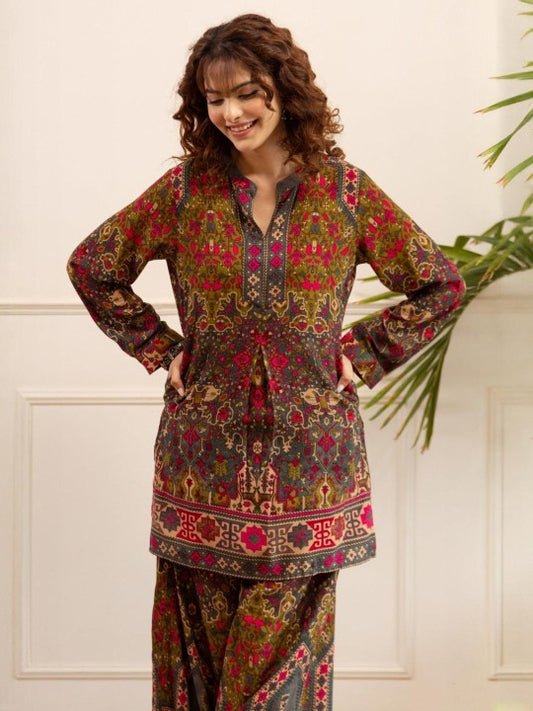 AUTUMN LANE Printed Mandarin Collar Top & PalazzosCo-OrdsSet