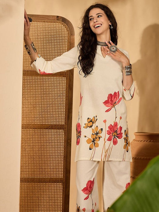 Floral Printed Pure Cotton Tunic With Trouser Co-Ords