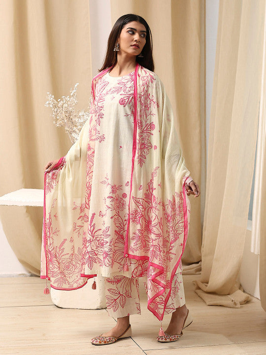 Biba Women Ethnic Motifs Printed Regular Pure Cotton Kurta with Palazzos & With Dupatta