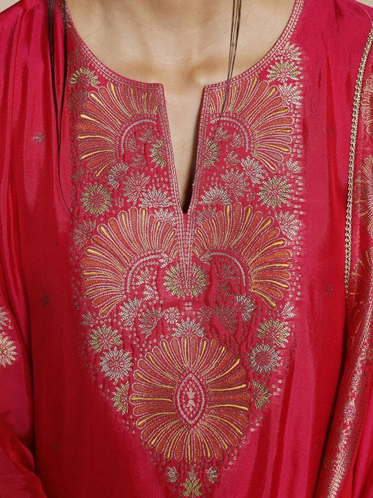 Ganga Women Floral Yoke Design Regular Raw Silk Kurta