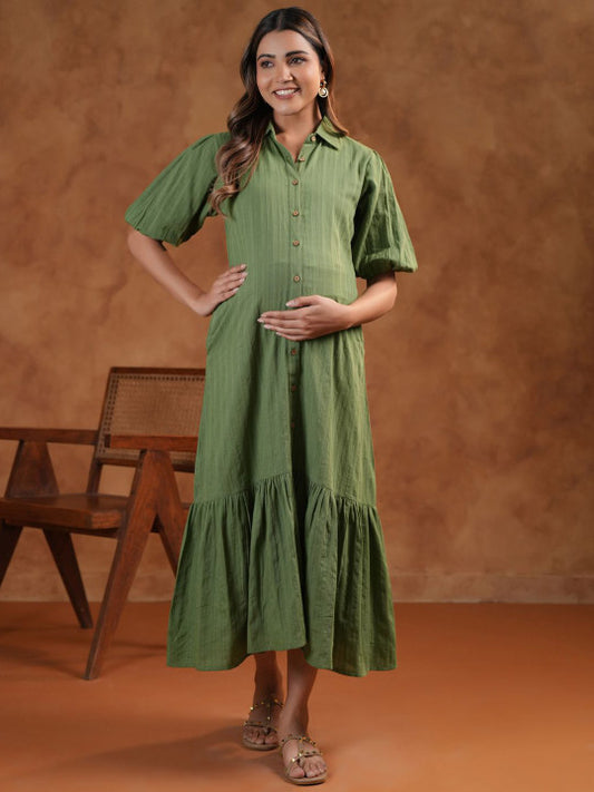 anayna Shirt Collar Neck Fit & Flared Maternity Ethnic Dresses