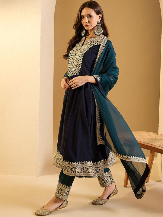 Inddus Women Floral Yoke Design Regular Thread Work Kurta