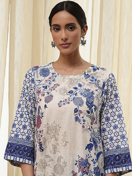 Biba Floral Printed Round Neck Pure Cotton Straight Kurta With Palazzos And Dupatta