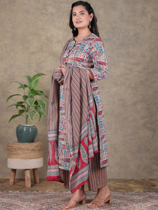 Aramya Women Paisley Printed Cotton Kurta with Palazzos & Dupatta