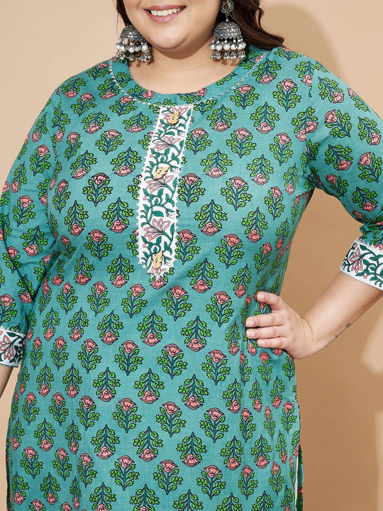 Vbuyz Green Floral Printed Round Neck Regular Straight Kurta With Trouser With Dupatta