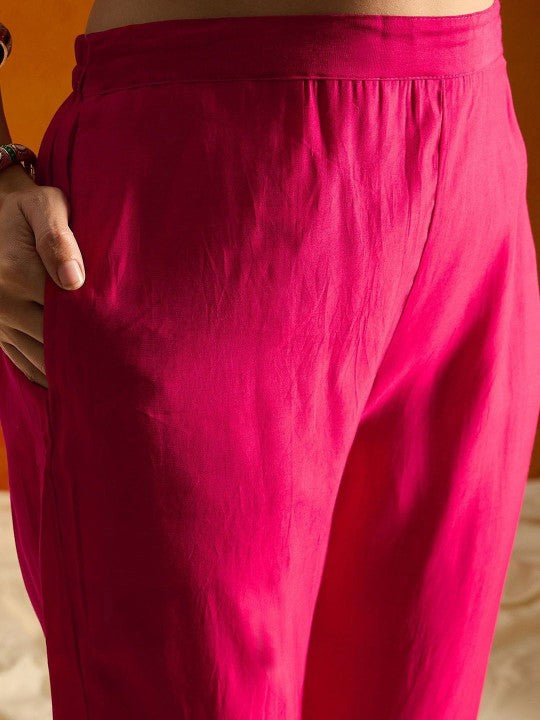 Floral Yoke Design Round Neck Beads And Stones Kurta With Trousers & Dupatta
