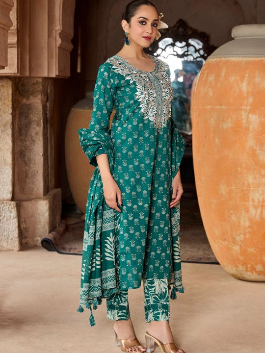 WOMEN PLUS Ethnic Motifs Printed Thread Work Pure Cotton Kurta with Trousers & Dupatta