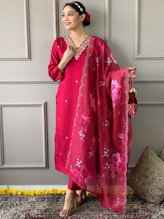 Ishin Floral Embroidered Thread Work Straight Kurta with Trouser & Dupatta