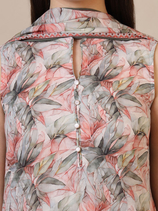 AURELIA Floral Printed Mandarin Collar Pure Cotton Straight Kurta With Trousers & Dupatta