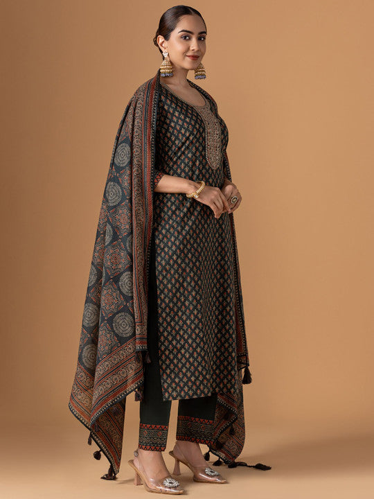 WOMEN PLUS Women Ethnic Motifs Printed Cotton Kurta with Trousers & Dupatta