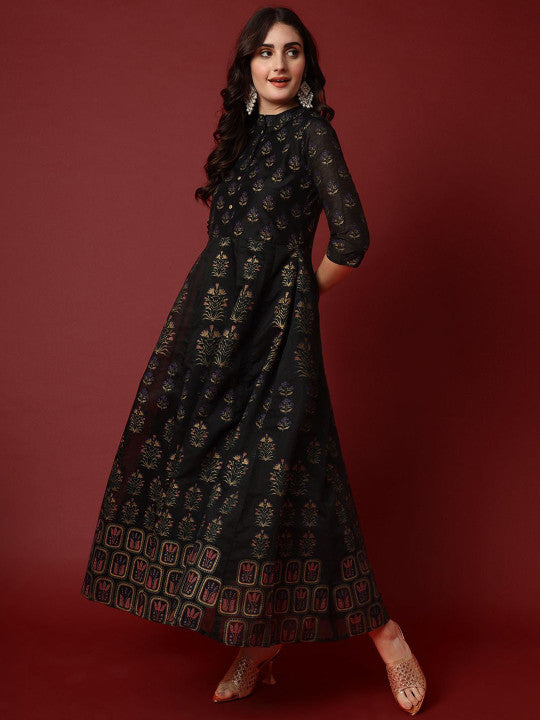 Aspriya Women Floral Printed Chanderi Anarkali Gown Maxi Ethnic Dresses