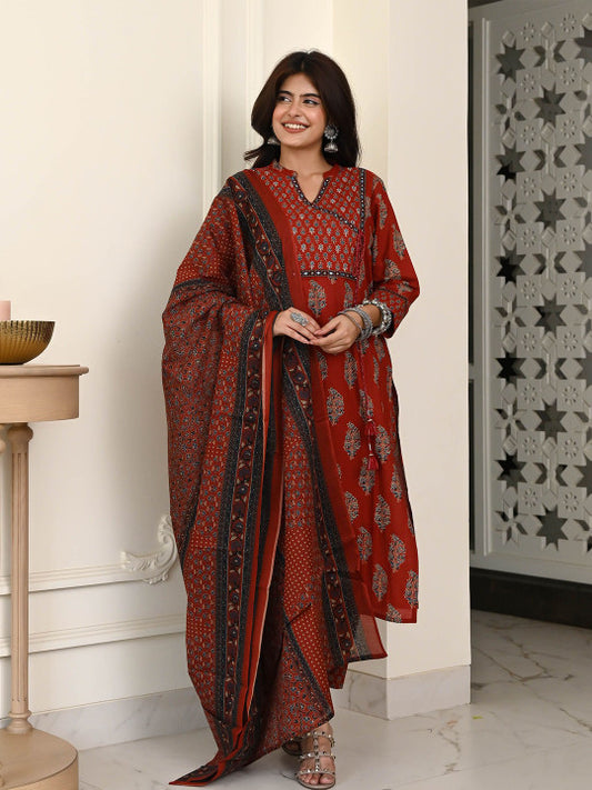 Bunaai Women Ethnic Motifs Printed Angrakha Sequinned Kurta with Trousers & Dupatta