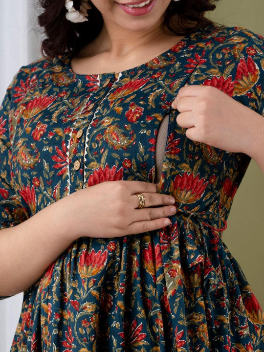 BHAGLI Floral Printed Mandarin Collar A-Line Maternity Ethnic Dresses