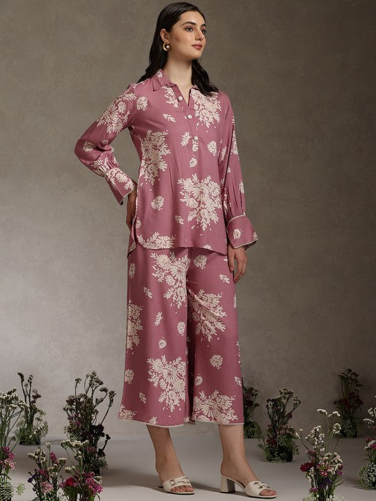 Floral Printed Shirt Collar Tunic With Palazzo Co-Ords