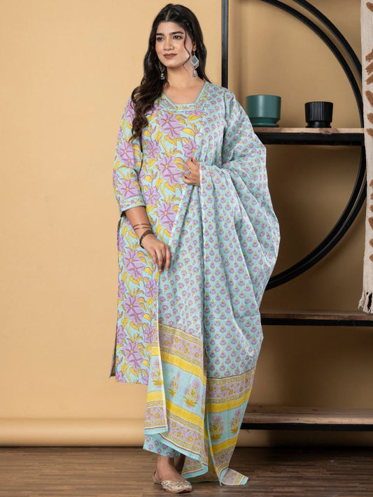 Floral Printed Square Neck Pure Cotton Straight Kurta With Trousers & Dupatta