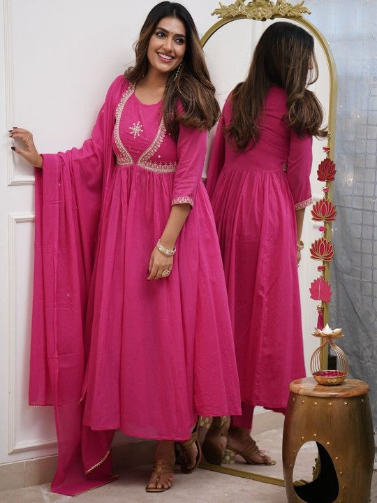 Floral Yoke Design Empire Sequinned Pure Cotton Kurta With Trousers & Dupatta