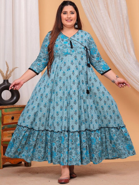 Floral Printed V-Neck Cotton Maxi Fit and Flare Ethnic Dresses