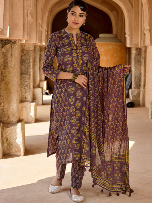 WOMEN PLUS Women Ethnic Motifs Embroidered Cotton Kurta with Pyjama & Dupatta