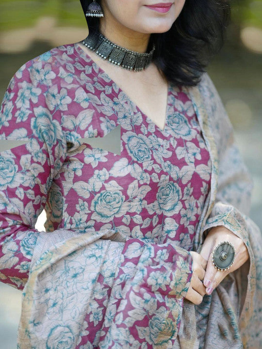 GoSriKi Floral Printed V Neck Straight Kurta With Trousers & Dupatta