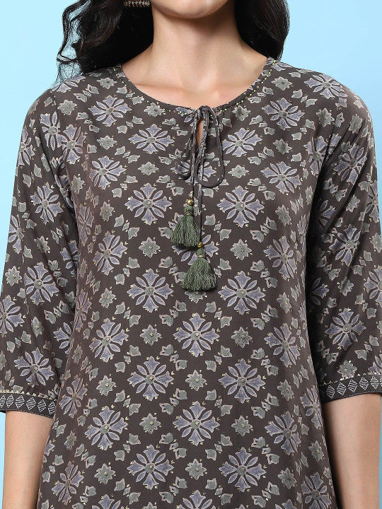 Floral Printed Straight Kurta with Trousers & Dupatta
