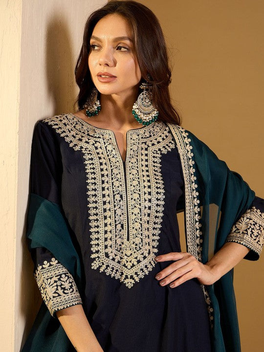 Inddus Women Floral Yoke Design Regular Thread Work Kurta