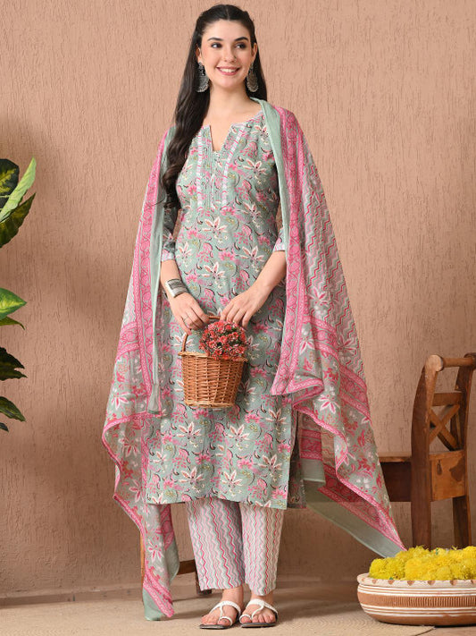Anouk Women Grey Pure Cotton Kurta Sets