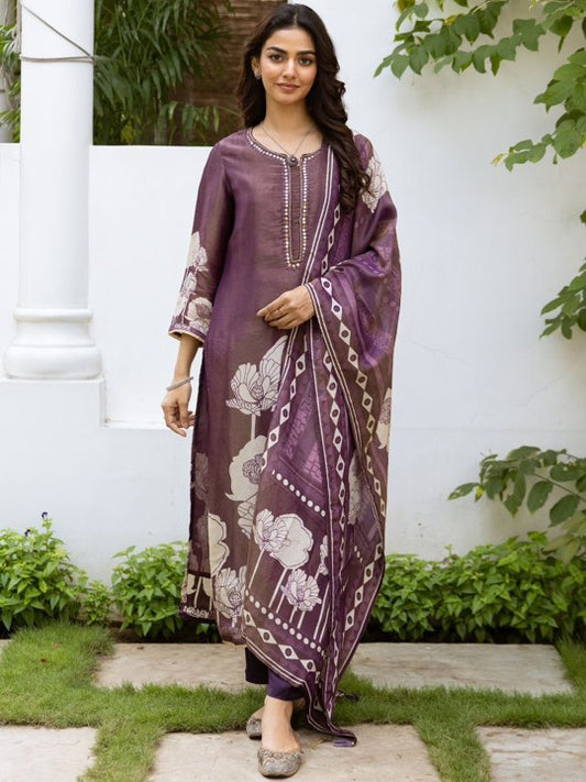 Anouk Purple Floral Printed Mirror Work Tissue Straight Kurta