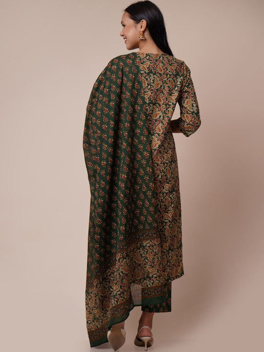 VASVI Women Kalamkari Printed Regular Pure Cotton Kurta with Trousers & With Dupatta
