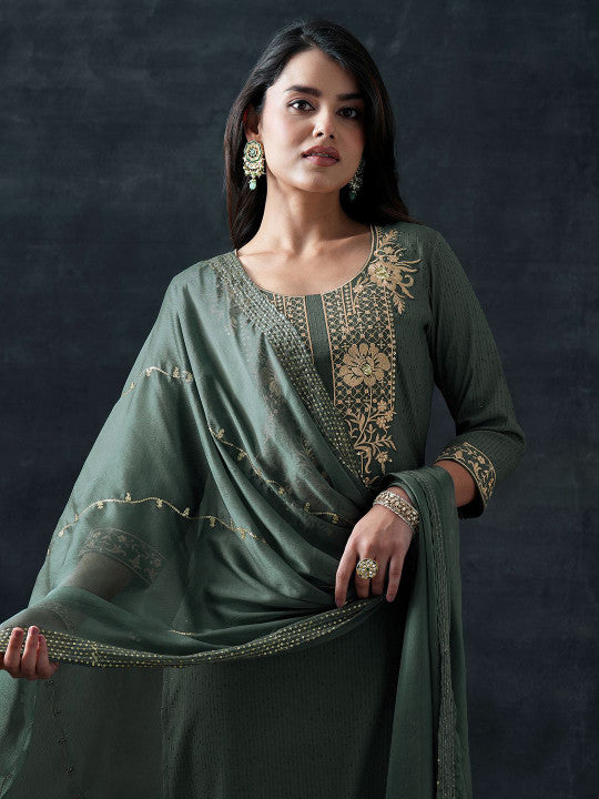 Gerua By Libas Floral Embroidered Thread Work Straight Kurta With Trousers & Dupatta