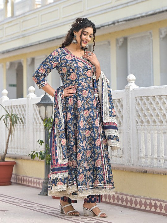 all about you Floral Printed Angrakha Pure Cotton Anarkali Kurta with Trousers & Dupatta