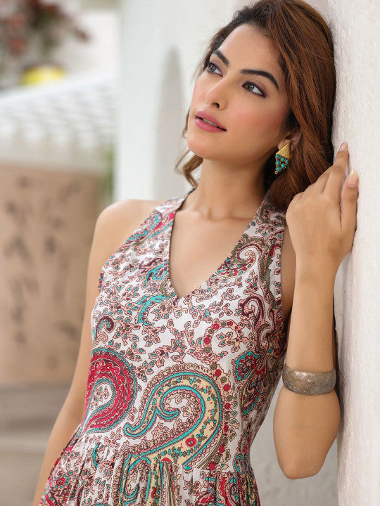 Printed Pure Cotton Tiered Fit & Flare Midi Ethnic Dress