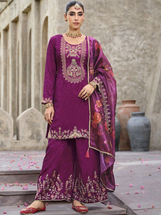 AUTUMN LANE Women Ethnic Motifs Embroidered Sequinned Cotton Kurta Set With Dupatta