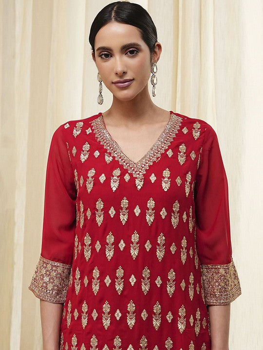Biba Floral Embroidered V-Neck Sequinned Straight Kurta