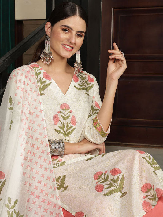 Taavi Floral Hand Block Print V-Neck Pure Cotton Kurta With Trousers & Dupatta
