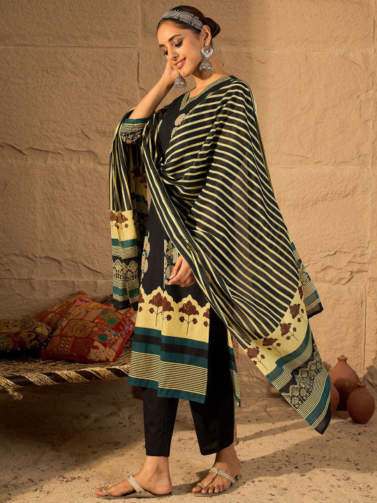 Indo Era Women Floral Printed Pure Cotton Kurta with Trouser & Dupatta