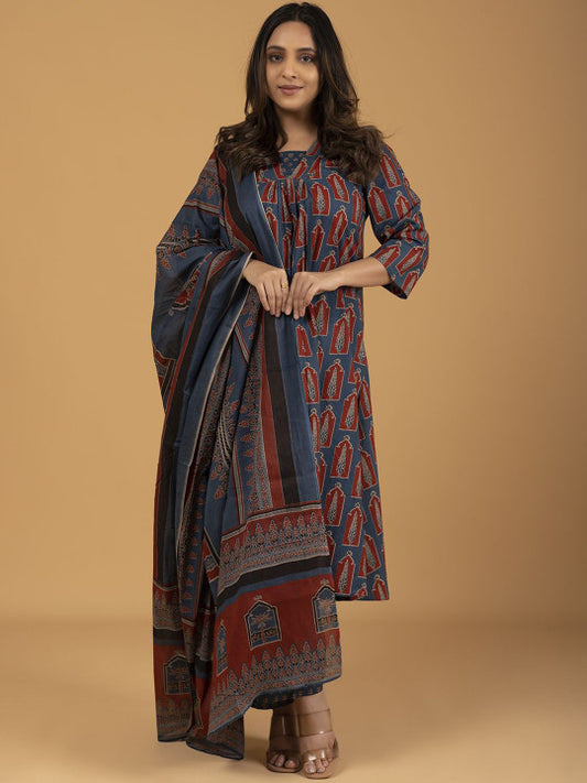 SPARSA Ethnic Motifs Printed Pleated Pure Cotton A-Line Kurta With Trousers & Dupatta