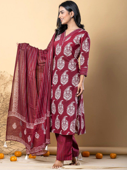Floral Printed V-Neck Pure Cotton Straight Kurta With Palazzos & Dupatta